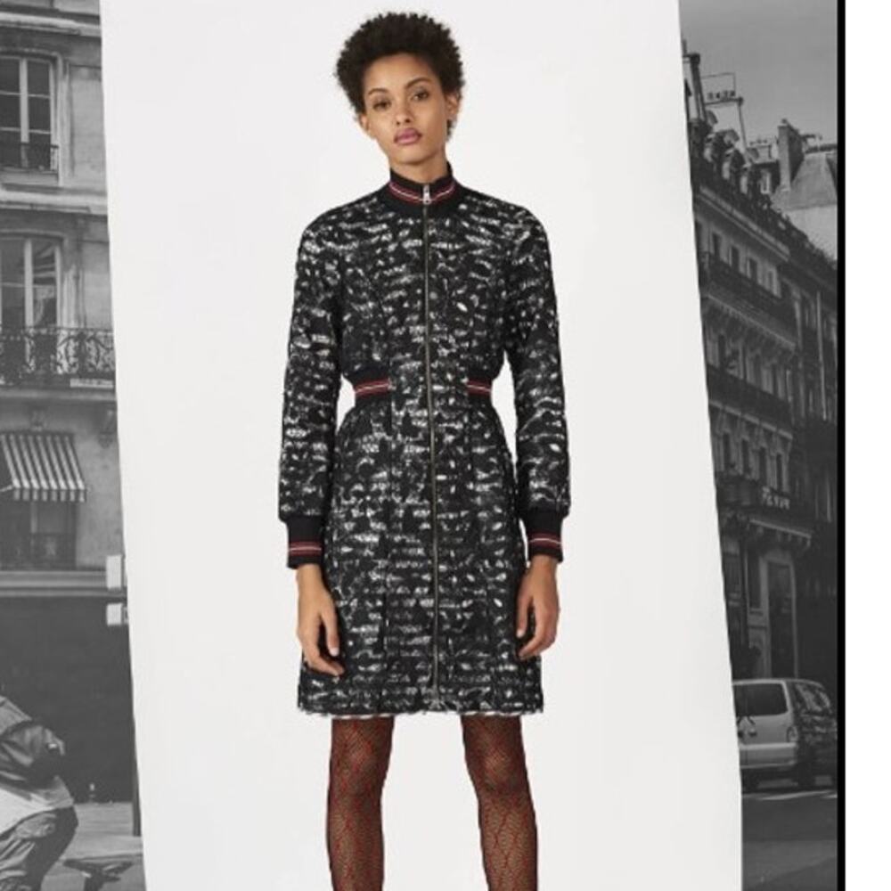 Sonia Rykiel Black Guipure Lace Zip Front Dress Sporty Striped Trim 36 = US 4